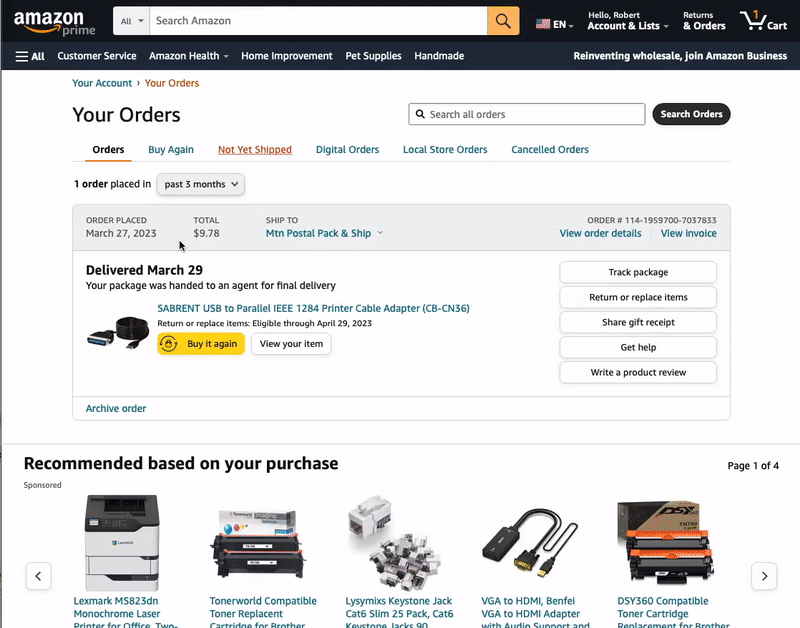 Amazon return steps showing how to select a printable UPS label